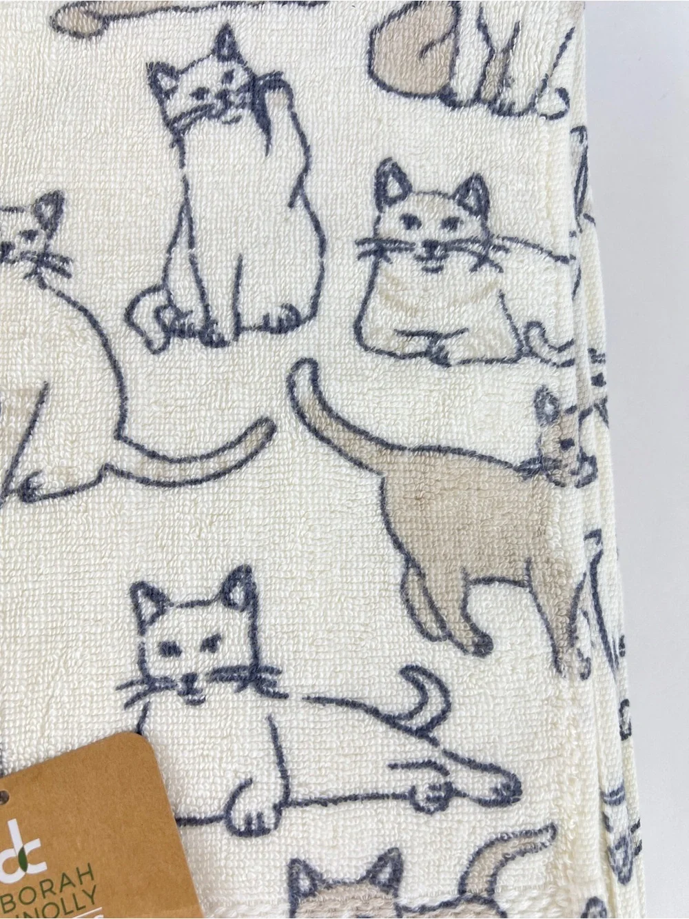 Deborah Connolly Bath Towel Set Cat Print Cream Tan Gray Cotton Blend 11 Pc NEW